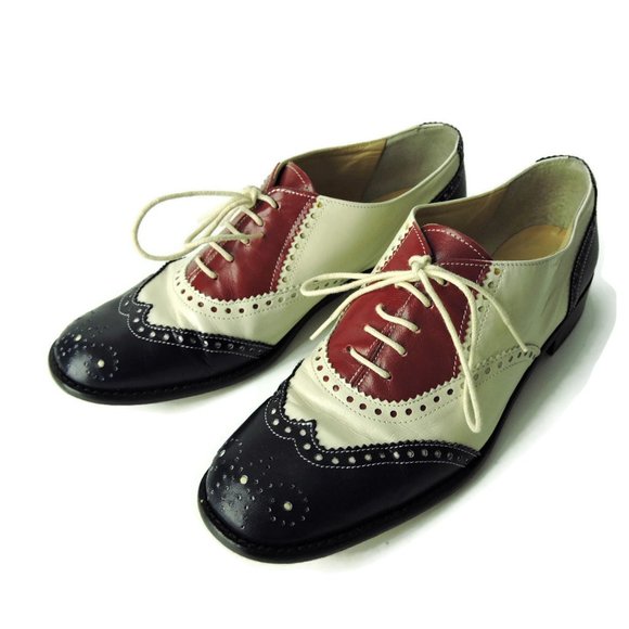 MONDI VTG Italian leather Oxford Shoes navy tan red low heel 37.5 EU /  7.5 US - Picture 1 of 13